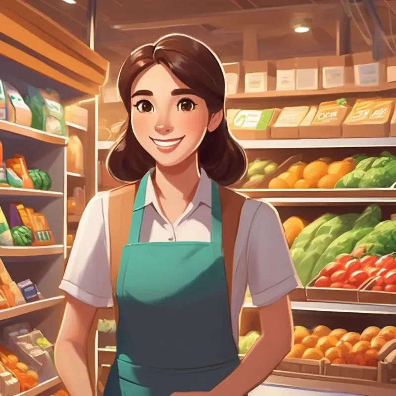 Grocery store setting, introduction of Brown hair, brown eyes, tan skin, friendly cashier as cashier