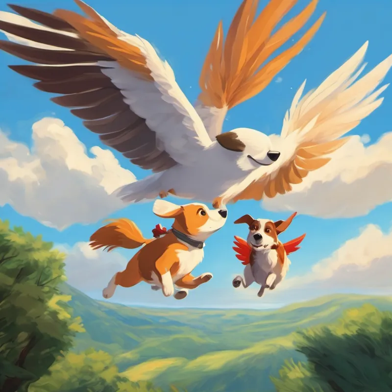 Perrita y Palomas simpáticas volando en el aire. siendo amigos