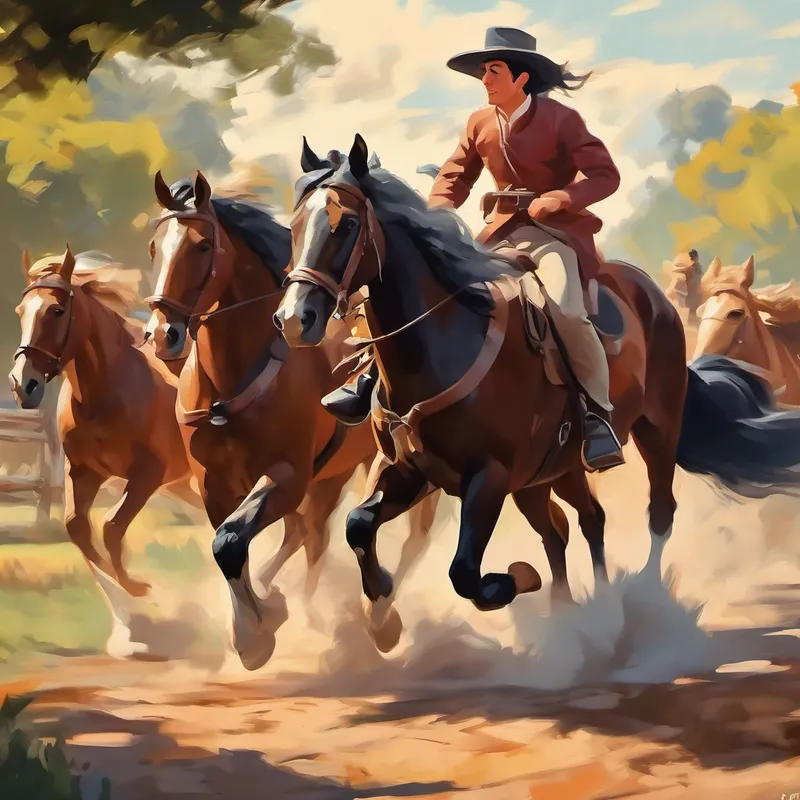 Perrita jugando con Caballos fuertes y amigables corriendo en el prado. en el prado