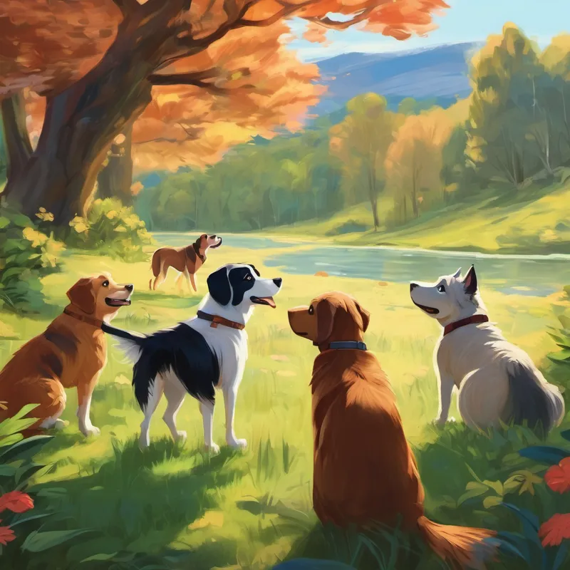 Perrita mirando a sus amigos de diferentes especies