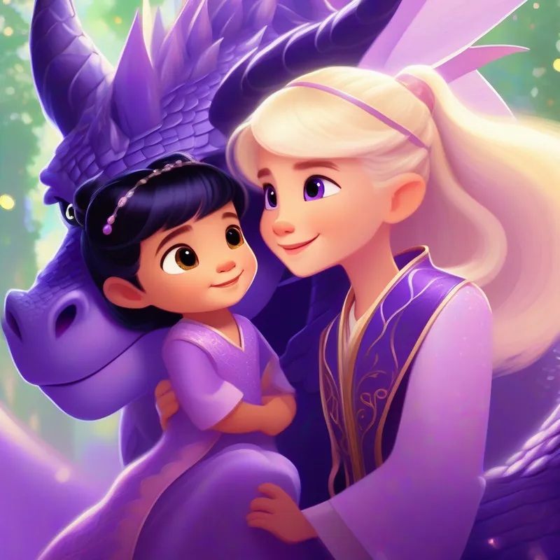 Enna - blonde hair, lively and bright, Lili - black hair, thoughtful and kind, and Sparkle - purple scales, adorable baby dragon reunite with Sparkle's parents - castle backdrop