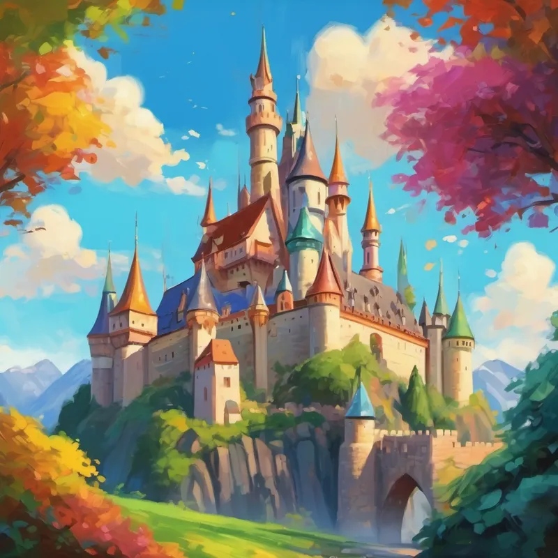 Castle with colorful towers, happy parents