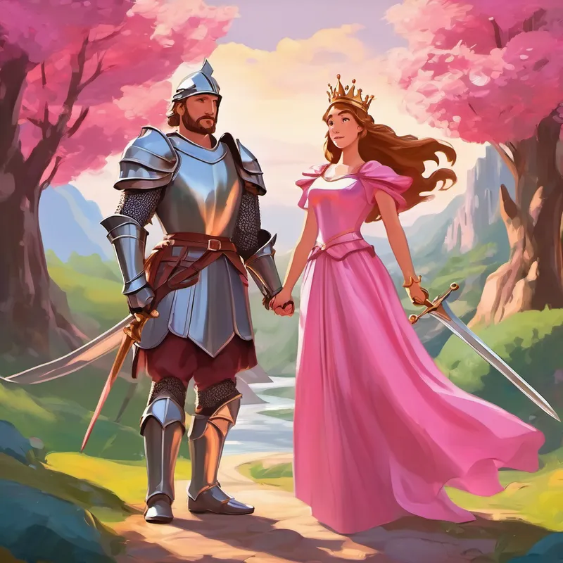 Princess with flowing pink dress, crown and Brave knight with swords and armor wearing adventure clothes, map