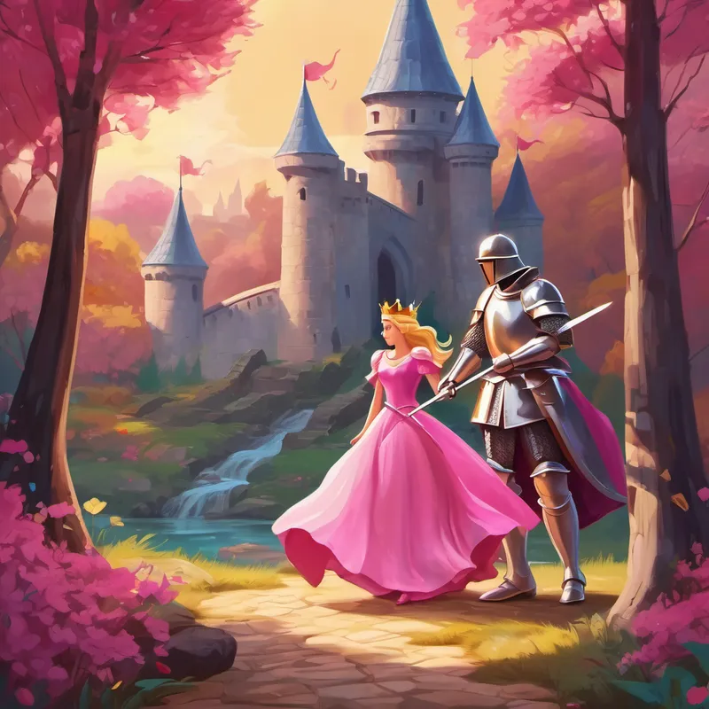 Princess with flowing pink dress, crown and Brave knight with swords and armor finding shiny treasure chest