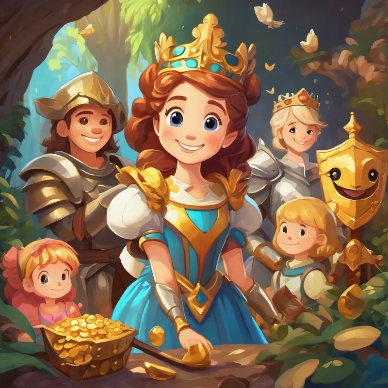Smiling princess, knight, and friends with treasure