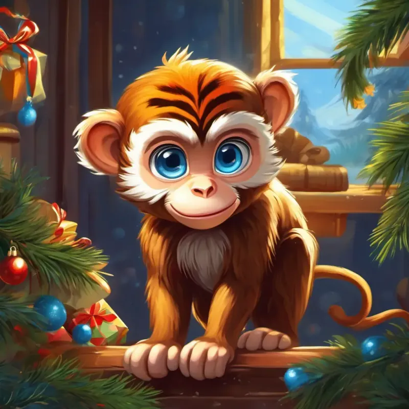 Mischievous little monkey, brown fur, curious blue eyes's reflection on the lesson learned from the unexpected encounter with the tiger and his decision to return home.