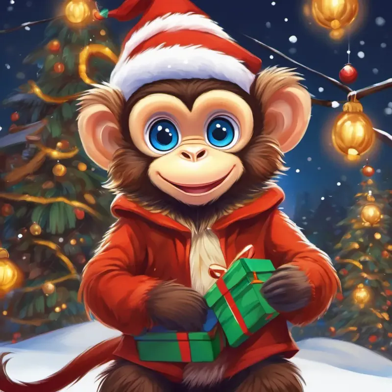 Mischievous little monkey, brown fur, curious blue eyes sharing his adventure and the wisdom gained with his friends, fostering a sense of community and sharing knowledge.