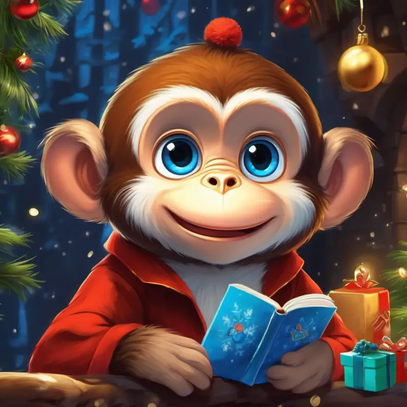 The conclusion of the story, highlighting Mischievous little monkey, brown fur, curious blue eyes's newfound wisdom and his ongoing adventurous spirit.