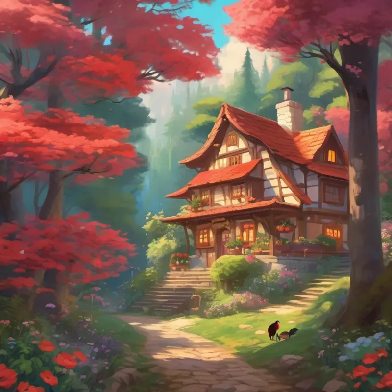 A cozy cottage in a vibrant forest, colorful flowers in bloom, birds singing in the trees, and a little girl with a red hood.