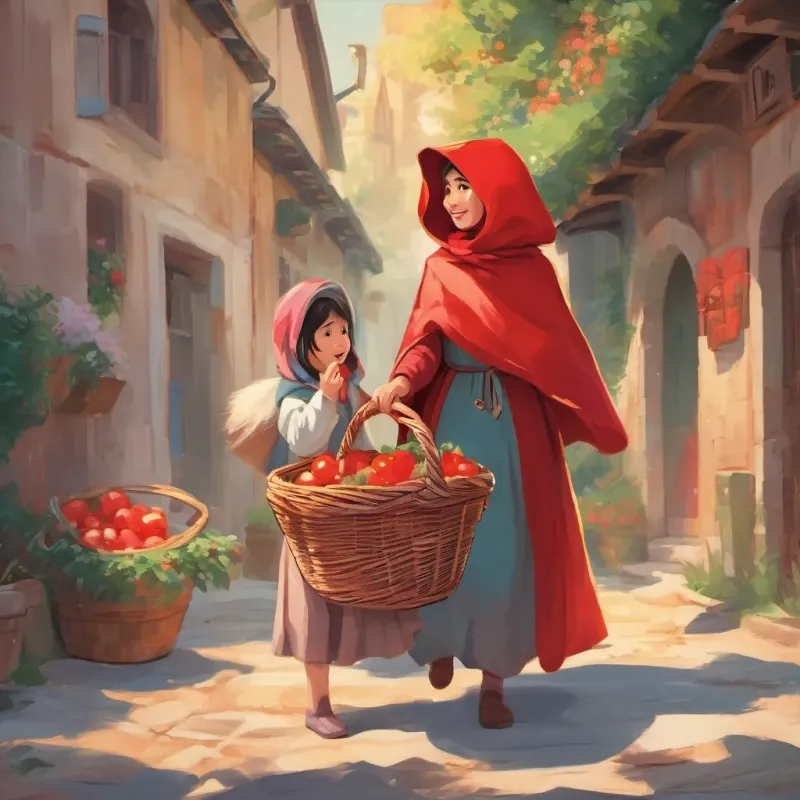 A loving mother handing a basket of goodies to A little girl with a bright red hood, cheerful and brave, with expressive eyes full of imagination, who wears a bright red hood.
