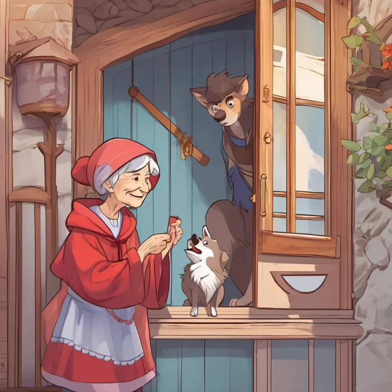 The A sly, grinning wolf with a mischievous look and sharp features knocking on A wise and sharp elderly grandmother, quick-witted and kind, wearing a cozy nightgown's door, pretending to be A little girl with a bright red hood, cheerful and brave, with expressive eyes full of imagination.