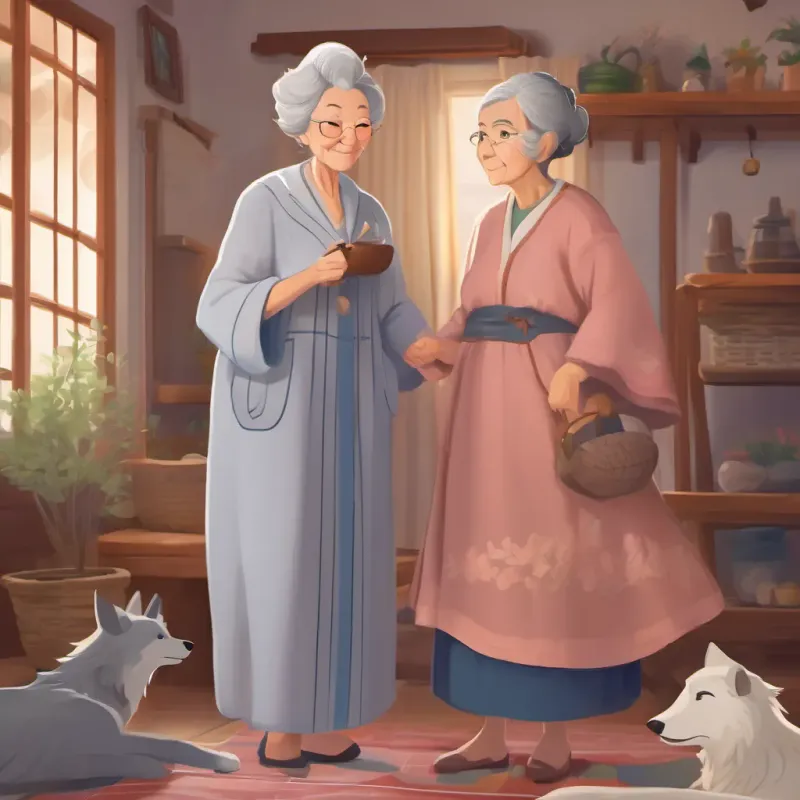 A wise and sharp elderly grandmother, quick-witted and kind, wearing a cozy nightgown welcoming the Wolf inside, but with an air of readiness and cunning.