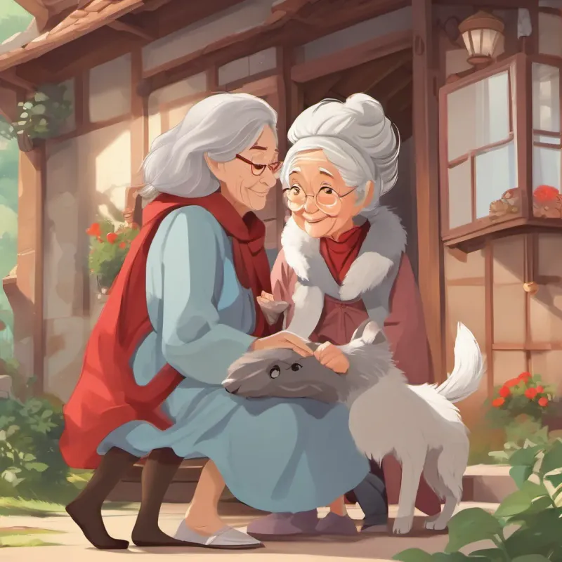 A wise and sharp elderly grandmother, quick-witted and kind, wearing a cozy nightgown disguised cleverly, and the Wolf sitting down unsuspectingly, while A little girl with a bright red hood, cheerful and brave, with expressive eyes full of imagination arrives.