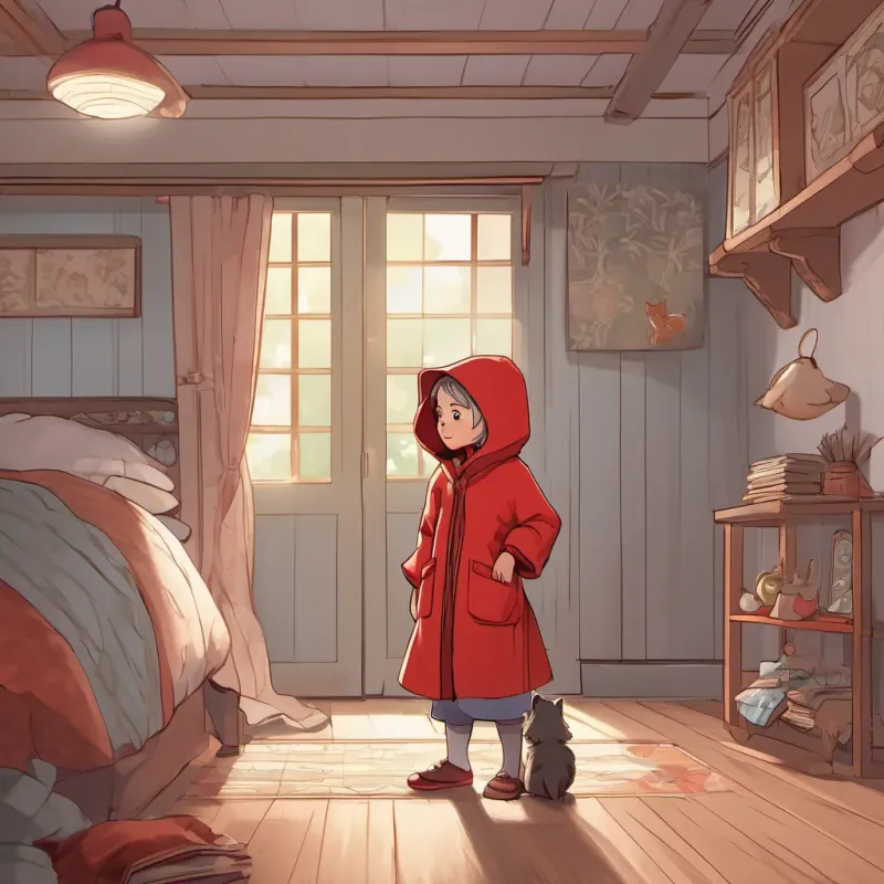A little girl with a bright red hood, cheerful and brave, with expressive eyes full of imagination entering the dim room, noticing the Wolf disguised as A wise and sharp elderly grandmother, quick-witted and kind, wearing a cozy nightgown, feeling something isn't quite right.