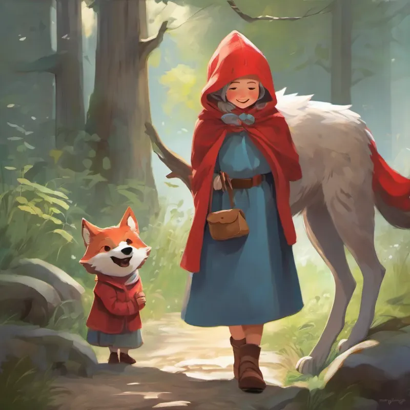 A little girl with a bright red hood, cheerful and brave, with expressive eyes full of imagination laughing at the Wolf disguised as A wise and sharp elderly grandmother, quick-witted and kind, wearing a cozy nightgown, realizing the misunderstanding.