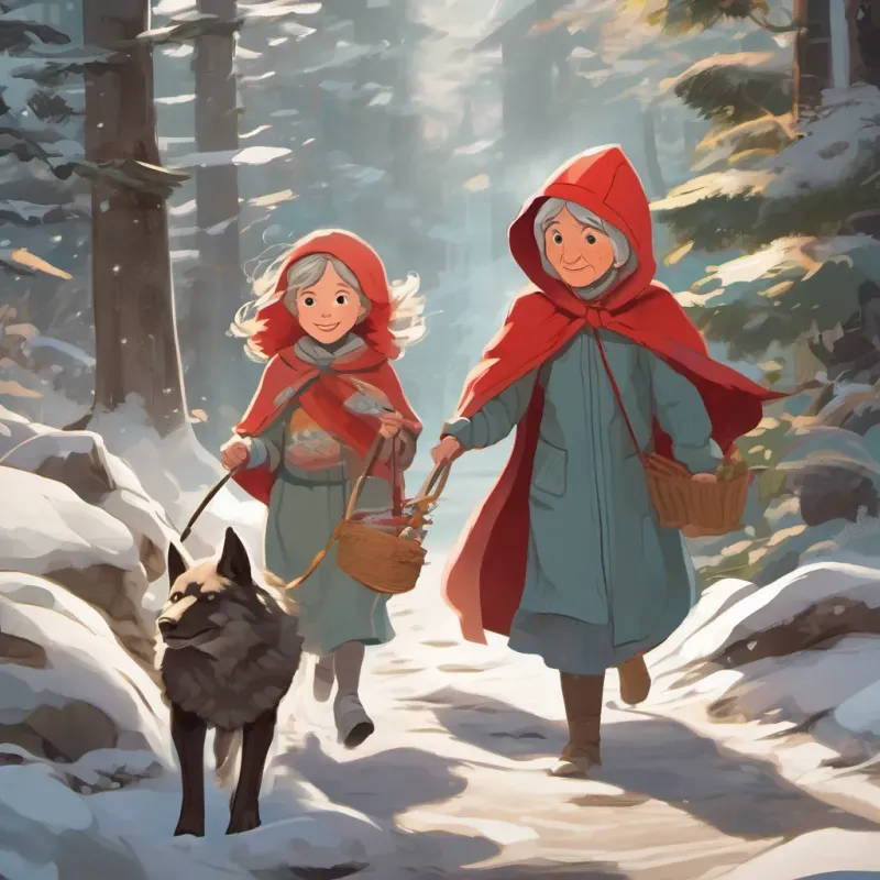 A little girl with a bright red hood, cheerful and brave, with expressive eyes full of imagination and A wise and sharp elderly grandmother, quick-witted and kind, wearing a cozy nightgown together chasing the Wolf out with household items, making a big racket.