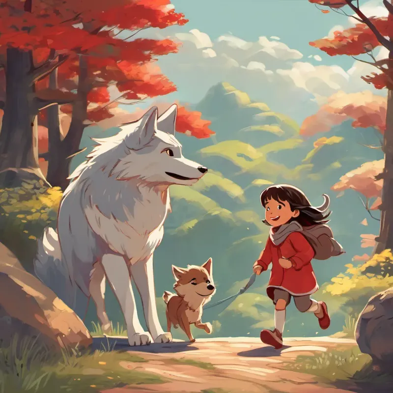 The Wolf running far away, while A little girl with a bright red hood, cheerful and brave, with expressive eyes full of imagination and A wise and sharp elderly grandmother, quick-witted and kind, wearing a cozy nightgown enjoy their treats and have a lovely day together.