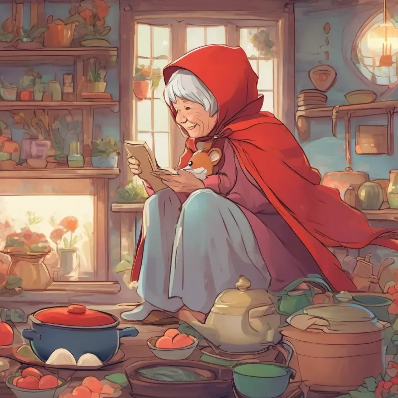 A little girl with a bright red hood, cheerful and brave, with expressive eyes full of imagination and A wise and sharp elderly grandmother, quick-witted and kind, wearing a cozy nightgown living happily, full of joy and love, learning valuable lessons along the way.