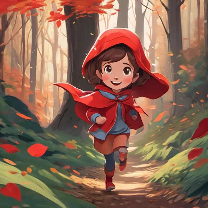 A little girl with a bright red hood, cheerful and brave, with expressive eyes full of imagination skipping and hopping along a twisty forest trail, trees swaying and leaves rustling.