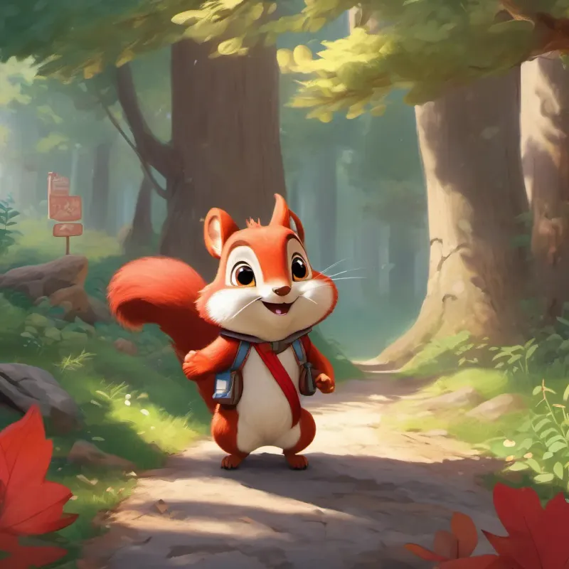 A funny, expressive old squirrel chattering at A little girl with a bright red hood, cheerful and brave, with expressive eyes full of imagination along the trail.