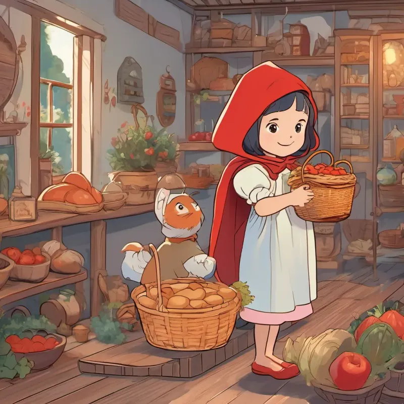 A little girl with a bright red hood, cheerful and brave, with expressive eyes full of imagination pointing towards the distant A wise and sharp elderly grandmother, quick-witted and kind, wearing a cozy nightgown's house, holding a basket filled with bread and jam.