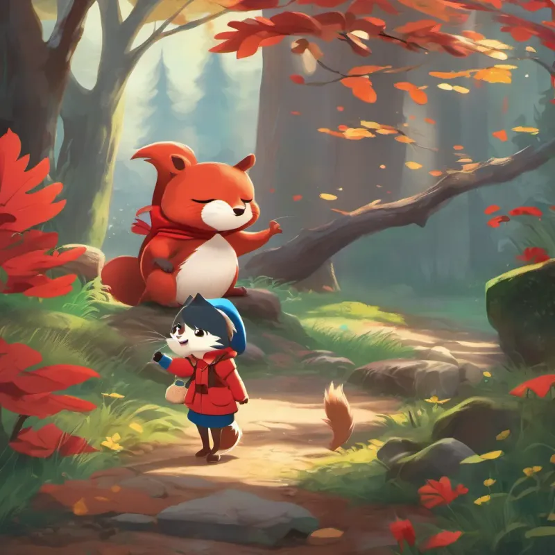 The funny squirrel twitching its tail and warning A little girl with a bright red hood, cheerful and brave, with expressive eyes full of imagination about the A sly, grinning wolf with a mischievous look and sharp features.