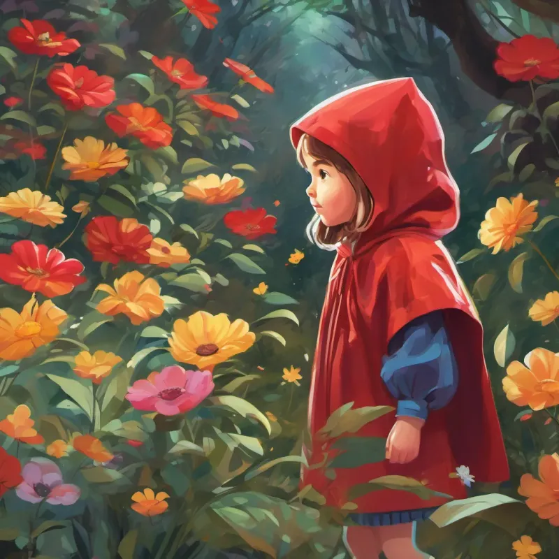 A little girl with a bright red hood, cheerful and brave, with expressive eyes full of imagination skipping happily, surrounded by colorful, sweet-smelling flowers and the sound of crunching leaves.