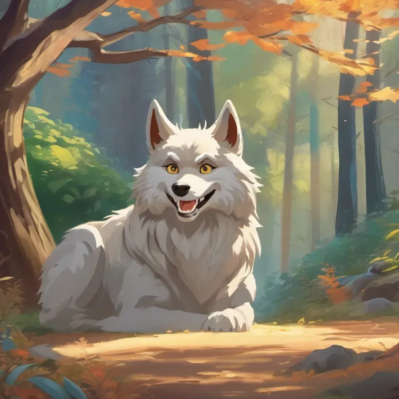 The A sly, grinning wolf with a mischievous look and sharp features suddenly appearing, grinning widely and speaking with a sly expression.