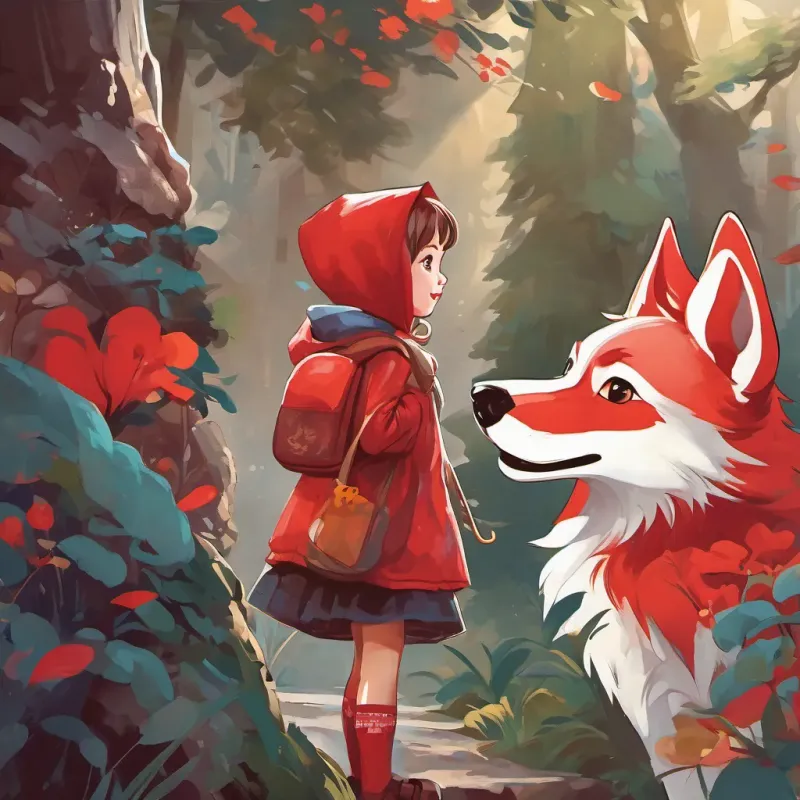 A little girl with a bright red hood, cheerful and brave, with expressive eyes full of imagination speaking to the sly A sly, grinning wolf with a mischievous look and sharp features, who is thinking mischievously about eating her.