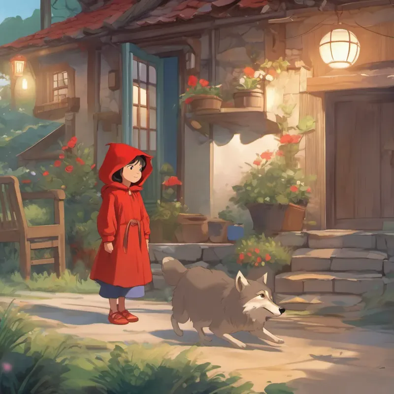A little girl with a bright red hood, cheerful and brave, with expressive eyes full of imagination hurrying towards A wise and sharp elderly grandmother, quick-witted and kind, wearing a cozy nightgown's house while the Wolf watches with a gleeful expression.