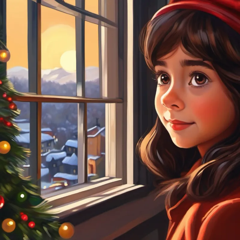 Niña, cabello castaño, ojos marrones, piel clara, lleva casco feliz, viendo el sol desde su ventana