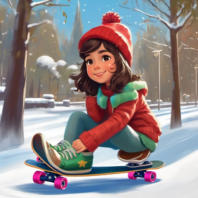 Niña, cabello castaño, ojos marrones, piel clara, lleva casco disfrutando el parque en su skate