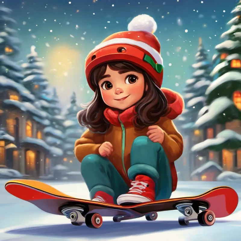 Niña, cabello castaño, ojos marrones, piel clara, lleva casco emocionada con su nuevo skate en mente