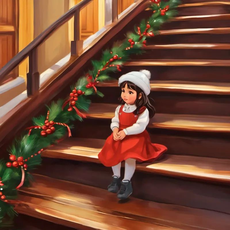 Niña, cabello castaño, ojos marrones, piel clara, lleva casco bajando las escaleras contenta