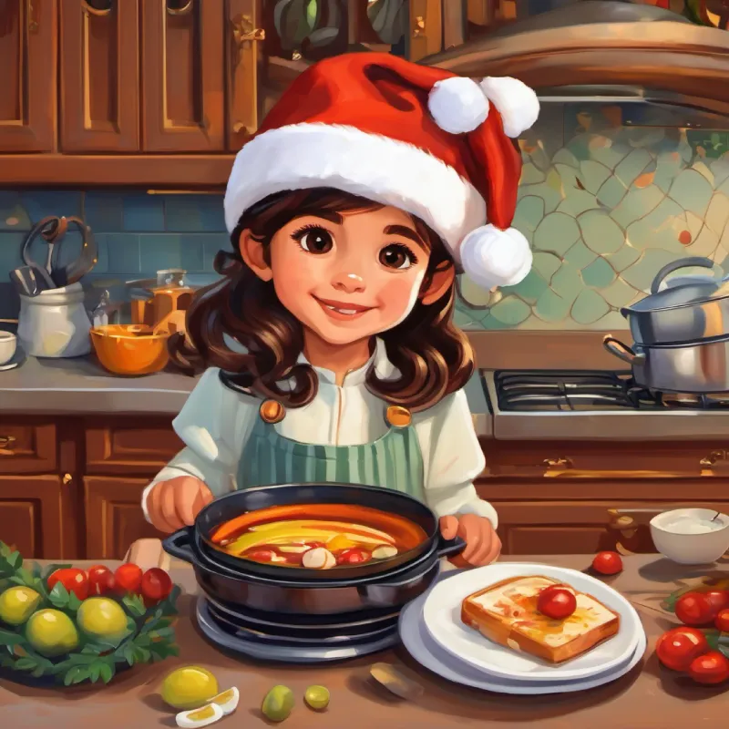 Niña, cabello castaño, ojos marrones, piel clara, lleva casco saluda a sus padres en la cocina