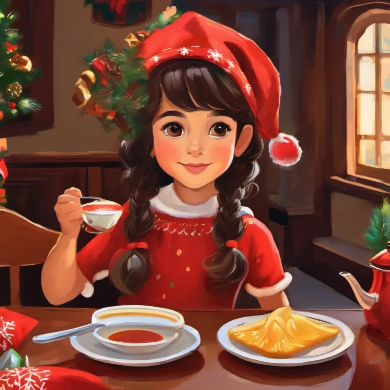 Niña, cabello castaño, ojos marrones, piel clara, lleva casco desayunando con entusiasmo