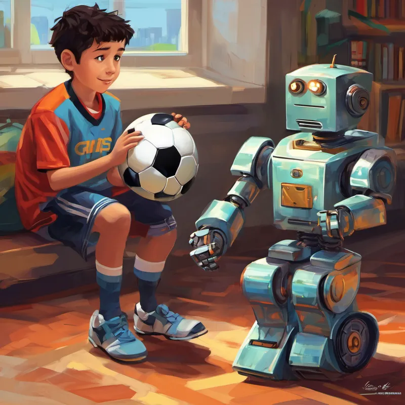 Enes spent hours playing soccer with the robots. They were great teammates and always encouraged him to do his best. They taught him new tricks and techniques, making him an even better player. Enes was so grateful to have robot friends who supported him.