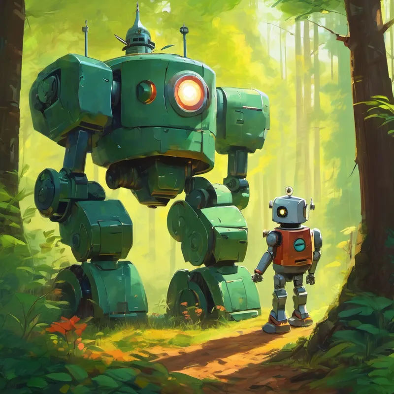 One day, the robots told Enes about a hidden treasure in the nearby forest. They said it was guarded by a giant robot with laser eyes. Enes was excited and determined to find the treasure. Together, they made a plan.