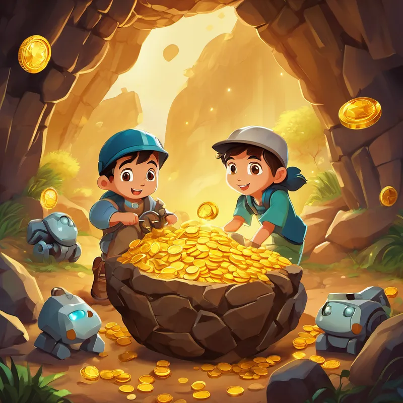 With their teamwork and determination, Enes and the robots managed to grab the treasure and escape the cave. They couldn't believe their eyes when they opened it. It was filled with shiny coins and precious gems! They knew they had found something special.