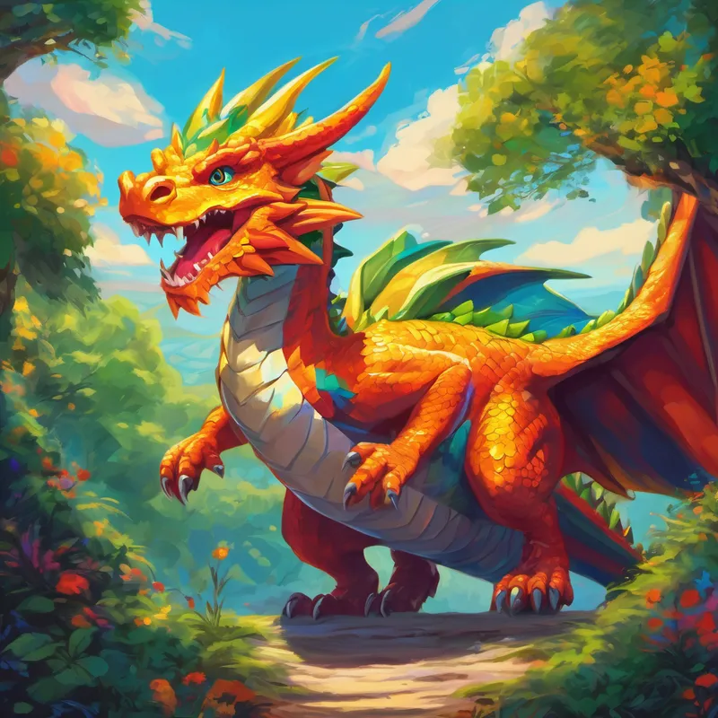 El Un dragón con siete cabezas de colores brillantes. asustando a las personas de la aldea