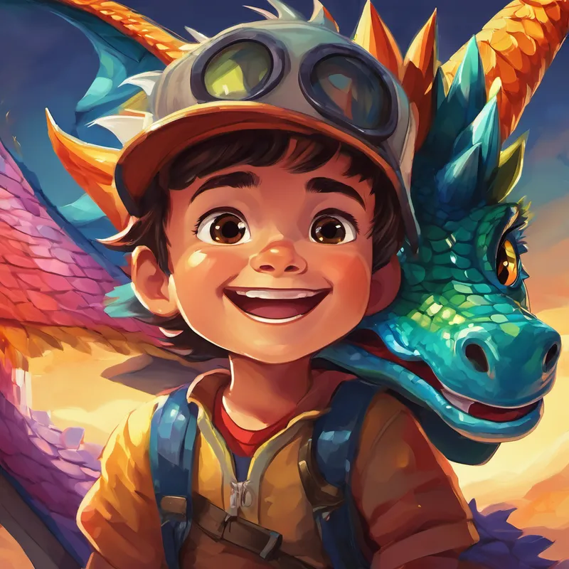 Un Un niño valiente con una sonrisa valiente. valiente mirando al Un dragón con siete cabezas de colores brillantes. con miedo