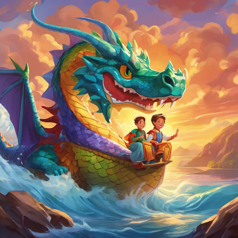 El Un niño valiente con una sonrisa valiente. haciéndole cosquillas al Un dragón con siete cabezas de colores brillantes. mientras ríe