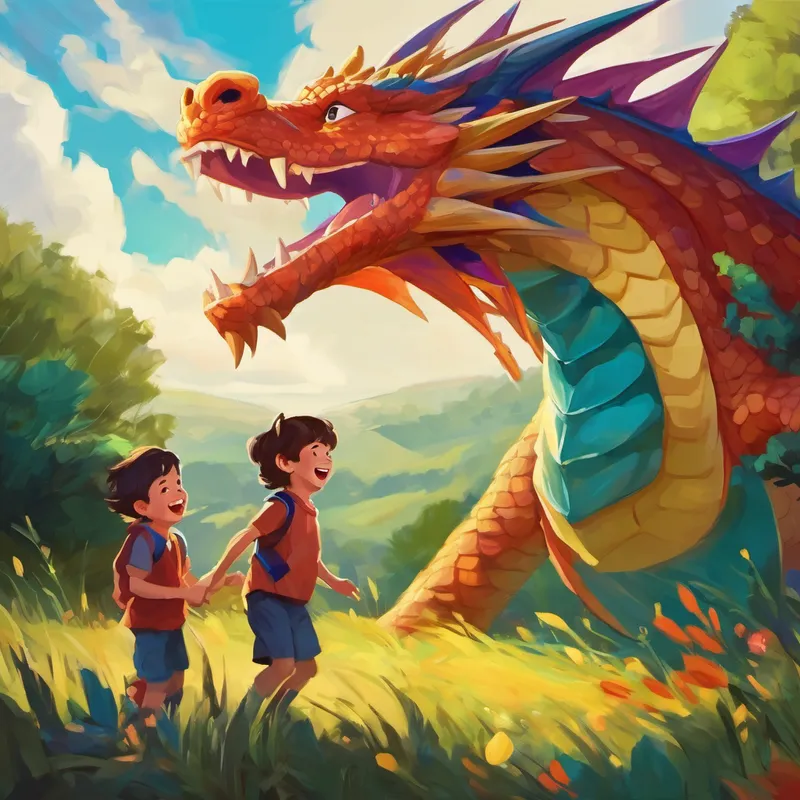 El Un dragón con siete cabezas de colores brillantes. jugando y riendo con los Un niño valiente con una sonrisa valiente.s felices