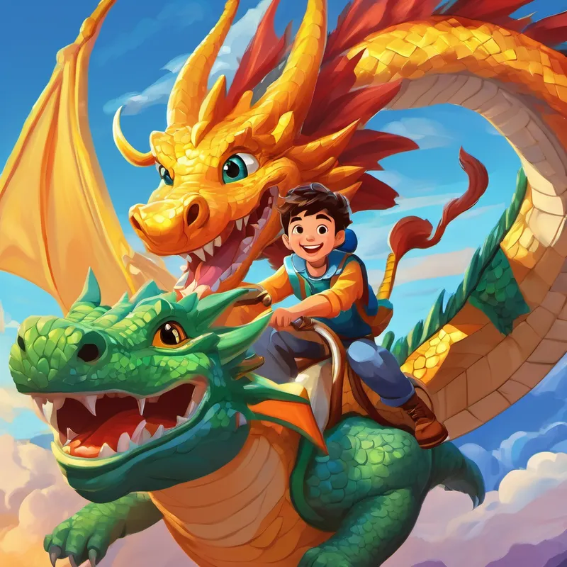 El Un niño valiente con una sonrisa valiente. y el Un dragón con siete cabezas de colores brillantes. volando y explorando lugares nuevos
