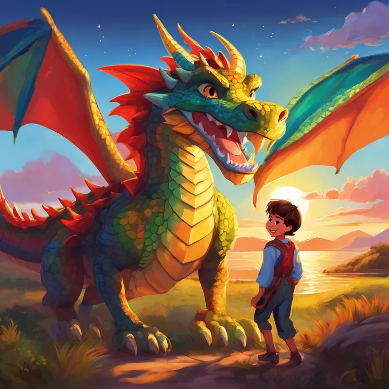 El Un niño valiente con una sonrisa valiente. y el Un dragón con siete cabezas de colores brillantes. juntos, mirando el atardecer