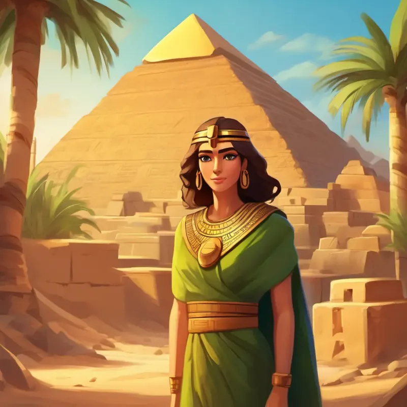 Brown hair, green eyes, adventurous spirit in ancient Egypt, building pyramids and meeting a pharaoh