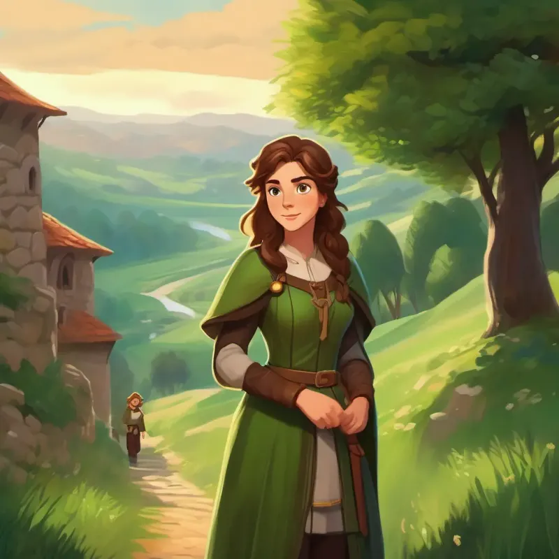 Brown hair, green eyes, adventurous spirit in a medieval land, going on a quest to save a princess