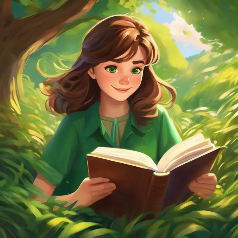 Brown hair, green eyes, adventurous spirit's love for reading, embracing joy and excitement
