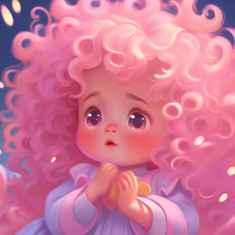 Adorable baby girl, pink dress, curly hair, sparkling eyes cries, lots of people trying to help, sad colors
