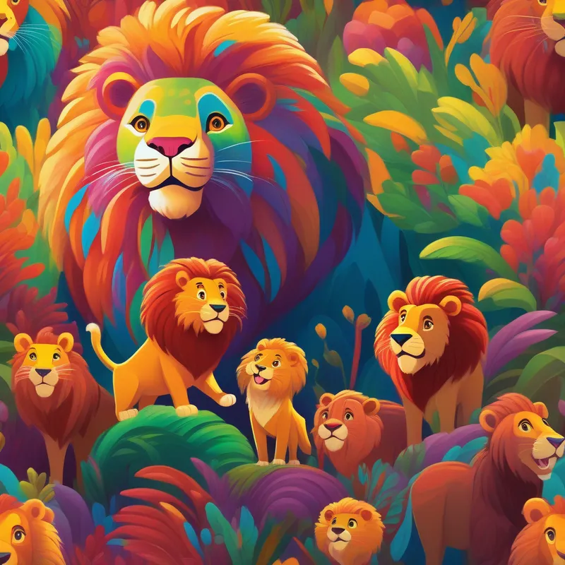 Family discovers lion, joyous surprise, grateful colors